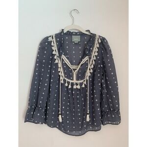 Anthropologie Maeve Sawyer Peasant Top Sz XS Blue Tasseled Embroidered Ruffle
